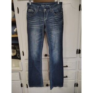 Ariya Jeans Bootcut Leg Low Rise Distressed Medium Blue Wash Size 7/8 Womens Y2K